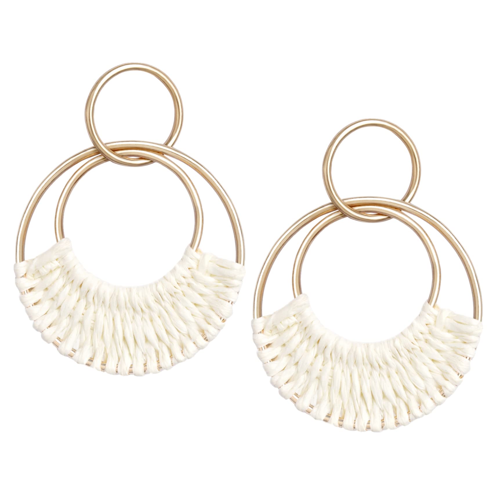 Raffia Hoop Earrings for Women Fun Boho Summer Beach Earrings Handmade Straw Wicker Rattan Dangle Earrings Statement Geometric Round Drop Earrings Bohemian Jewelry, White