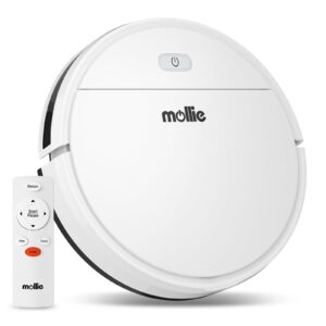 mollie robot vacuum cleaner, tangle-free suction, auto self-charging robotic vacuum cleaner ideal for low carpet pet hair hard floors, white