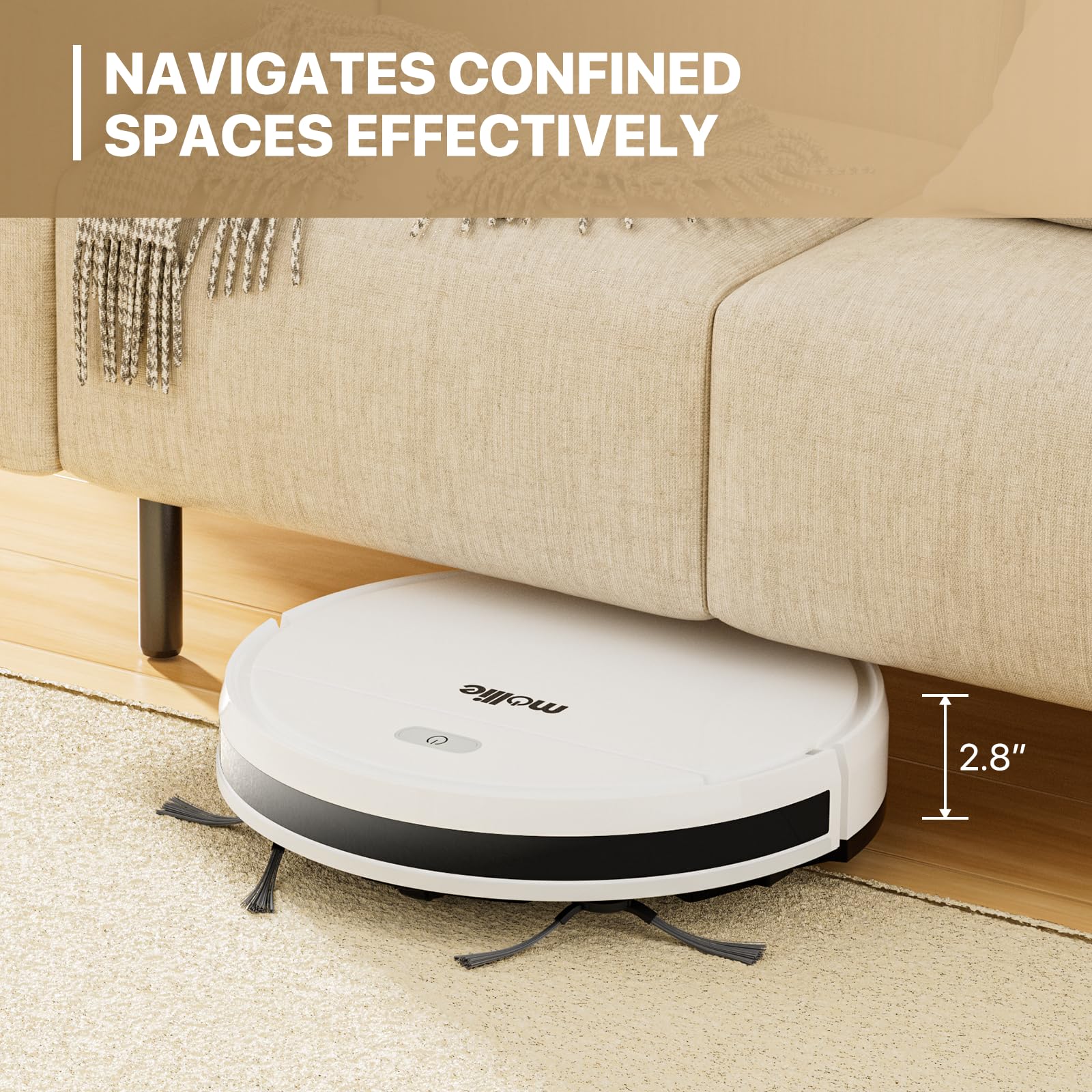 mollie Robot Vacuum Cleaner, Tangle-Free Suction, Auto Self-Charging Robotic Vacuum Cleaner Ideal for Low Carpet Pet Hair Hard Floors, White