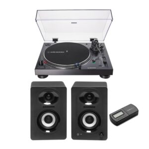 audio-technica at-lp120xusb direct-drive analog and usb turntable (black) bundle with powered bluetooth studio monitors and digital turntable stylus scale (3 items)