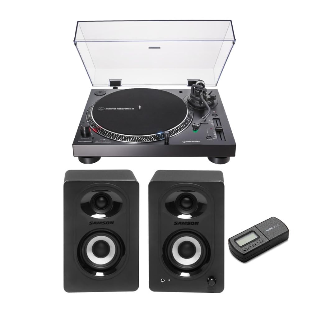 Audio-Technica AT-LP120XUSB Direct-Drive Analog and USB Turntable (Black) Bundle with Powered Bluetooth Studio Monitors and Digital Turntable Stylus Scale (3 Items)