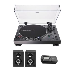 audio technica at-lp120xbt-usb bluetooth wireless direct-drive usb turntable bundle with bluetooth monitor speakers, and turntable stylus scale (3 items)