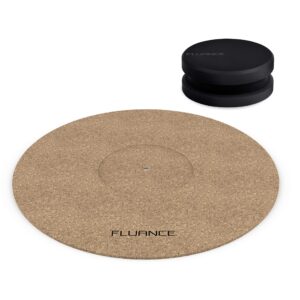 fluance cork platter mat and hifi vinyl record weight 760 gram steel lp disc stabilizer turntable accessory with rubberized coating and protective velvet pad for vibration damping (rw03)