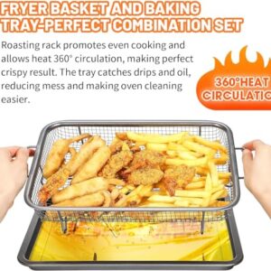 Air Fryer Basket For Oven 2 Set, 15.2 x 10.3 inch Stainless Steel Air Fryer Basket and Baking Sheet, with Non-stick Coating, For French Fried, Turky, Bacon, Chicken Wings