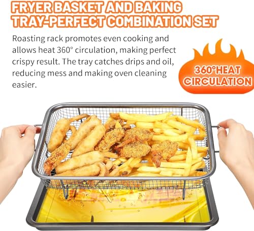 Air Fryer Basket For Oven 2 Set, 15.2 x 10.3 inch Stainless Steel Air Fryer Basket and Baking Sheet, with Non-stick Coating, For French Fried, Turky, Bacon, Chicken Wings