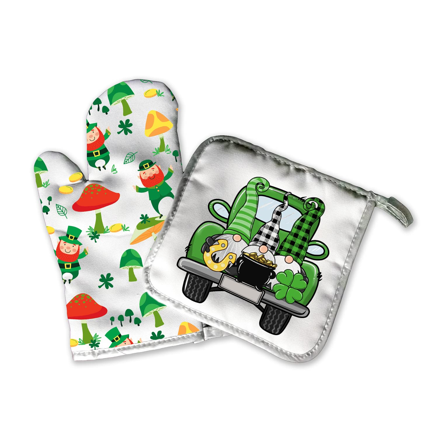 St Paddys Day | Saint Patricks Day | Spring Decorative Kitchen Hot Plate Pot Holder Oven Mitt Set | Leprechaun Shamrock Clover Green Gold Gnome | Cute Decoration