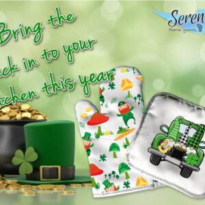 St Paddys Day | Saint Patricks Day | Spring Decorative Kitchen Hot Plate Pot Holder Oven Mitt Set | Leprechaun Shamrock Clover Green Gold Gnome | Cute Decoration