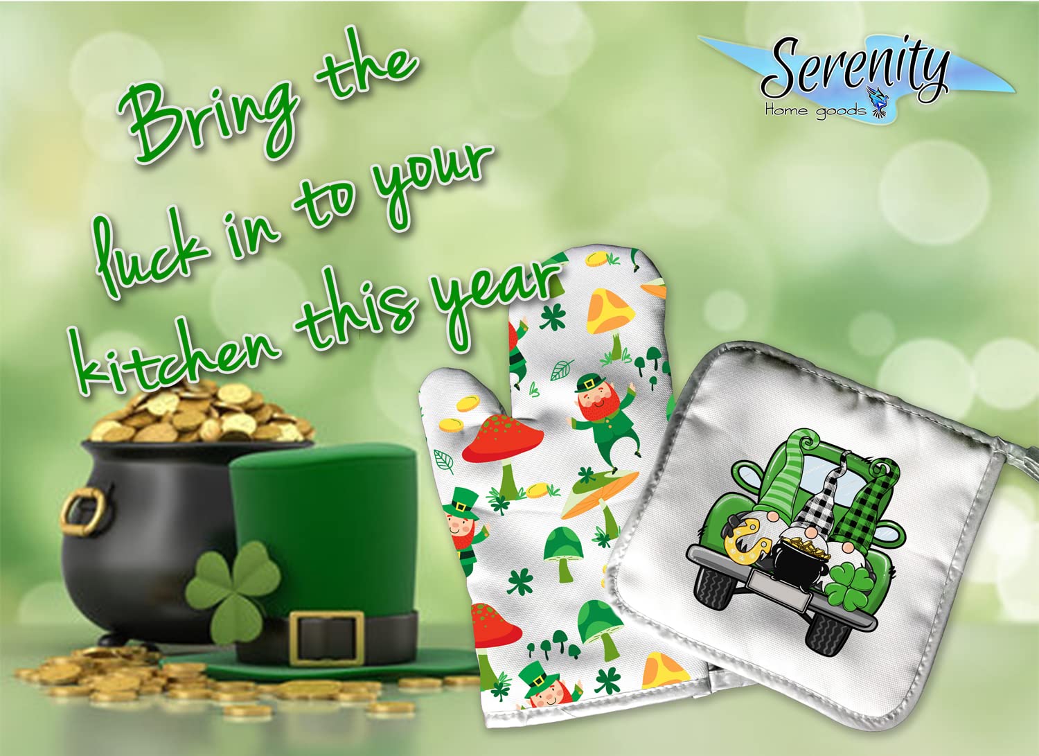 St Paddys Day | Saint Patricks Day | Spring Decorative Kitchen Hot Plate Pot Holder Oven Mitt Set | Leprechaun Shamrock Clover Green Gold Gnome | Cute Decoration