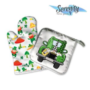 St Paddys Day | Saint Patricks Day | Spring Decorative Kitchen Hot Plate Pot Holder Oven Mitt Set | Leprechaun Shamrock Clover Green Gold Gnome | Cute Decoration