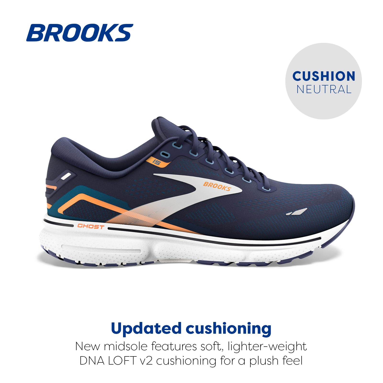 Brooks Men's Ghost 15 Neutral Running Shoe - Peacoat/Blue/Orange Pop - 11.5 Medium