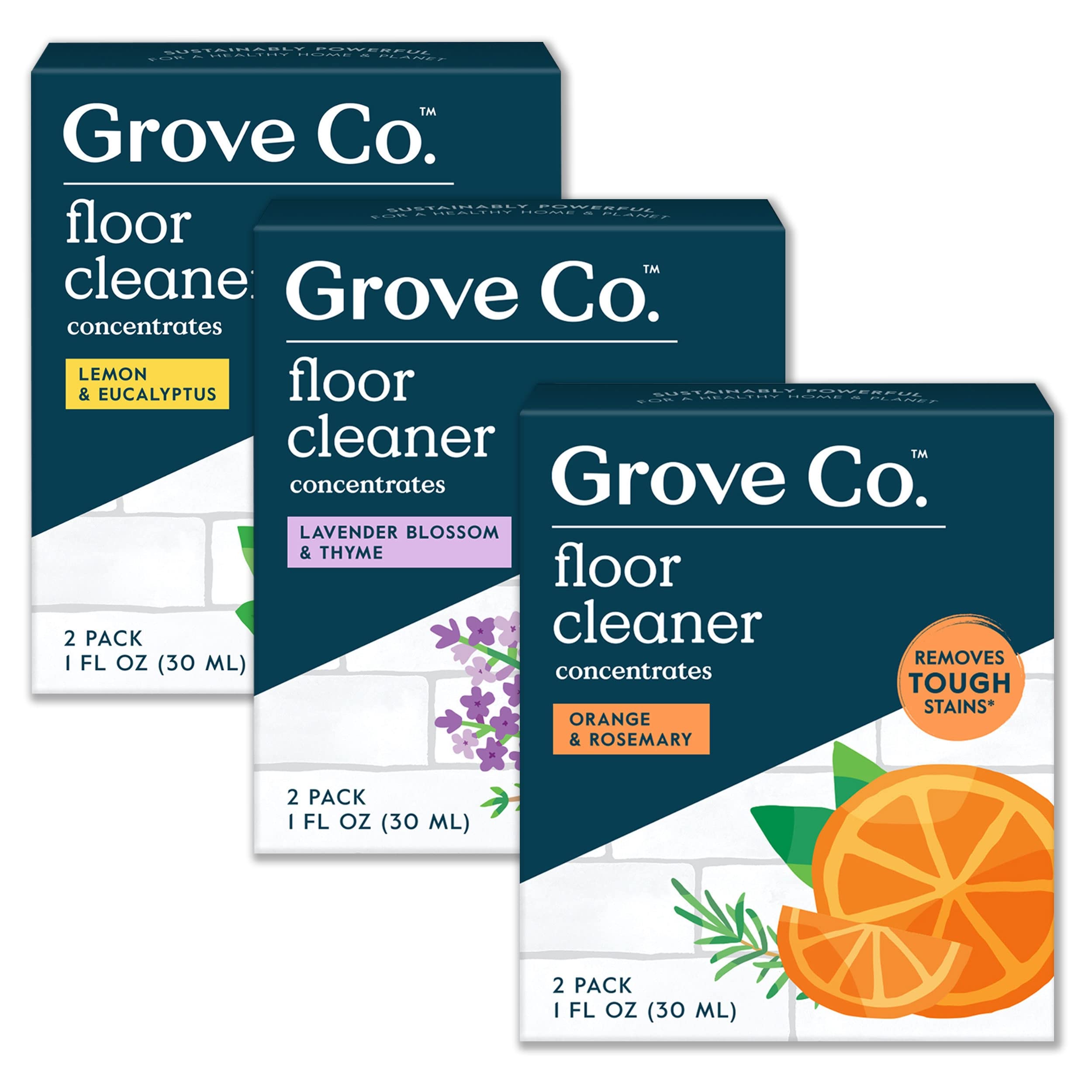 Grove Co. Floor Cleaner Refill Concentrate Variety Pack (6 x 1 Fl Oz) Plant-based Household Cleaning Supplies, Ammonia & Chlorine Free, No Plastic Waste, 100% Natural Scent, 3 x 2 Pack Refills