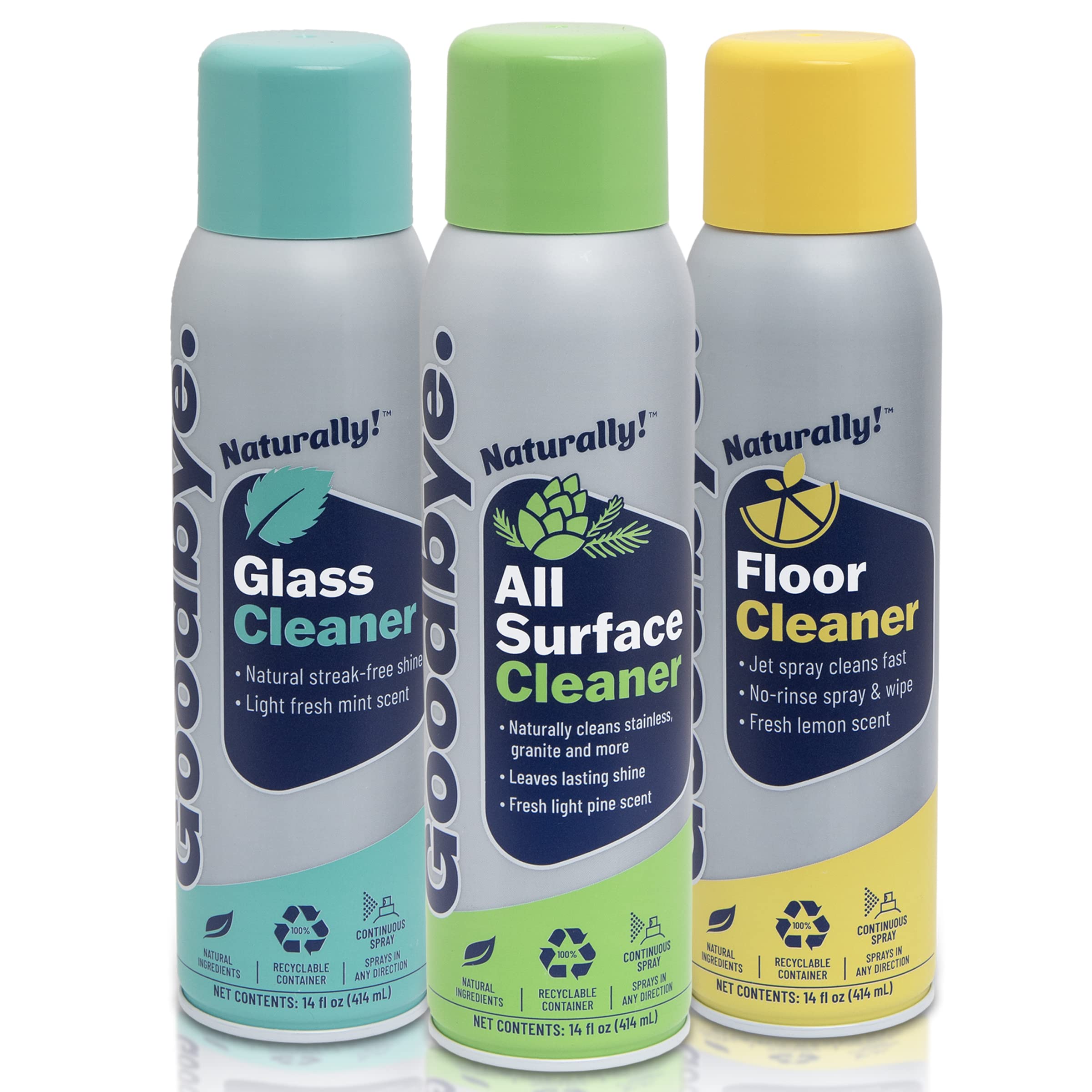 Goodbye Naturally Glass Cleaner, All Surface Cleaner and Floor Cleaner, Safe and Effective All Natural Cleaning Products, 14 oz Continuous Spray Cans, 3 Pack