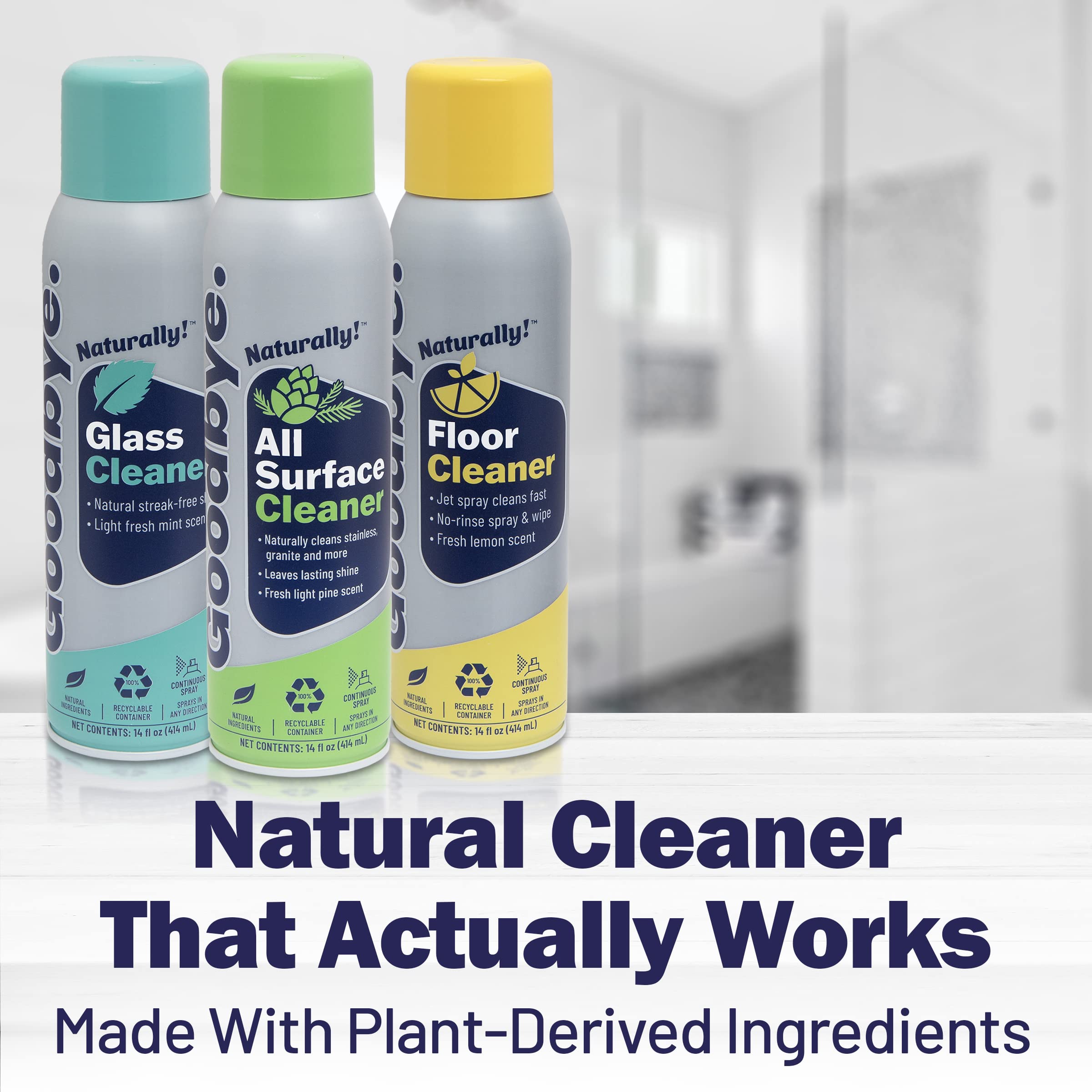 Goodbye Naturally Glass Cleaner, All Surface Cleaner and Floor Cleaner, Safe and Effective All Natural Cleaning Products, 14 oz Continuous Spray Cans, 3 Pack