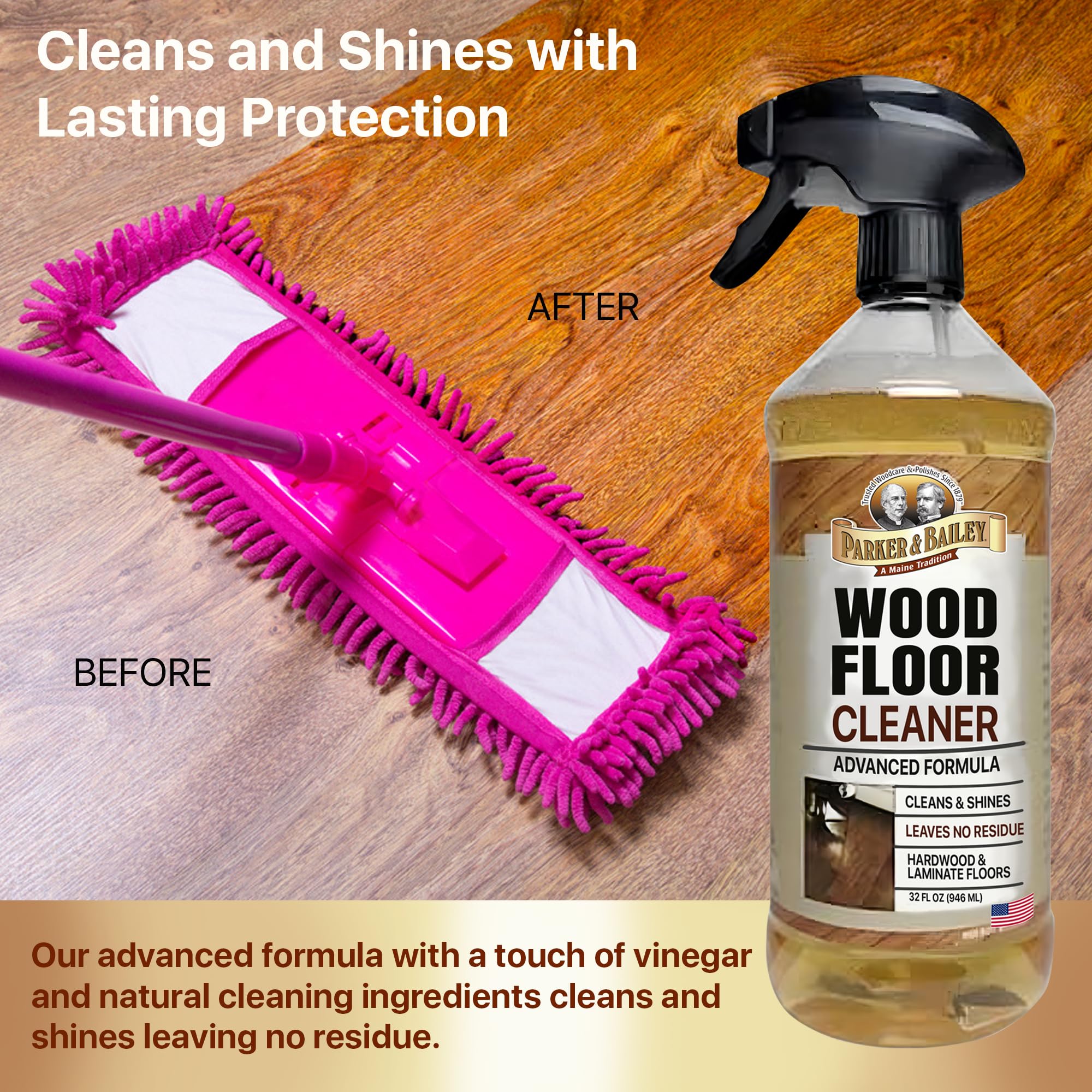 Parker & Bailey WOOD FLOOR CLEANER – Use on Hardwood, Laminated or Faux Finshed Floors. Shine Restorer Protector, Surface Cleaner House Cleaning Supplies Home Improvement, Natural Look, Cuts Grease