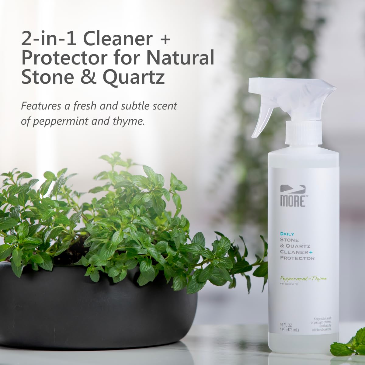 MORE Stone & Quartz Cleaner + Protector - Water-Based Surface Spray - Granite, Quartz & Marble Cleaner - For Kitchen & Bathroom Countertops & Floors - Peppermint-Thyme Essential Oil - Pint (16oz)