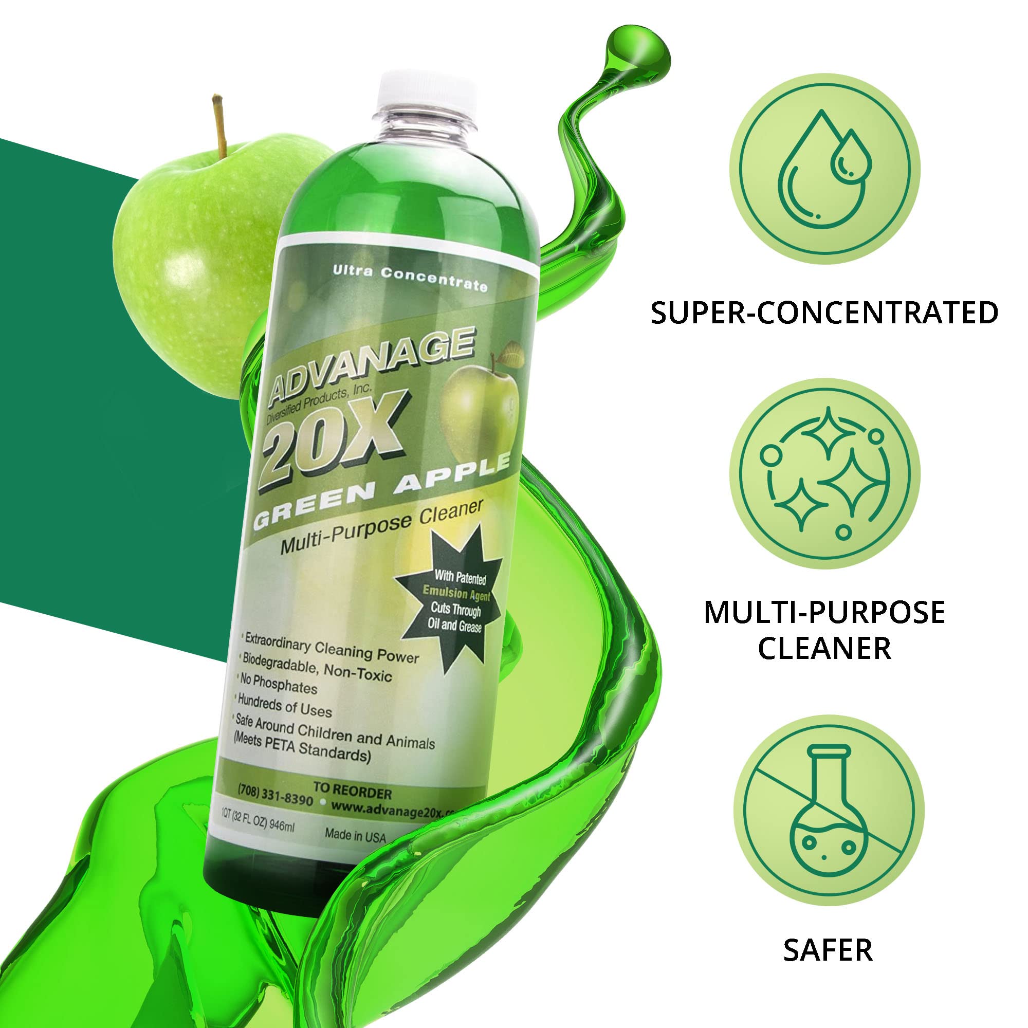 All Purpose Cleaner Concentrate - Advanage 20X The Wonder Cleaner Green Apple for All Surfaces Around The Home, Oil and Grease | Multipurpose Cleaner For All Household Cleaning Needs | 32Oz