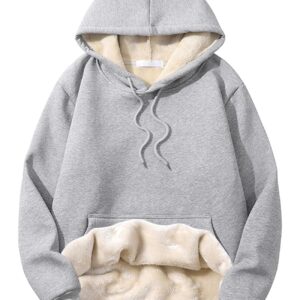 PEHMEA Men's Winter Warm Fleece Hoodie Pullover Long Sleeve Sherpa Lined Hooded Sweatshirt with Pocket(Grey-L)