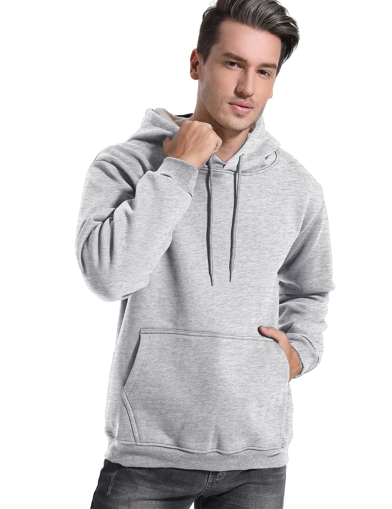 PEHMEA Men's Winter Warm Fleece Hoodie Pullover Long Sleeve Sherpa Lined Hooded Sweatshirt with Pocket(Grey-L)