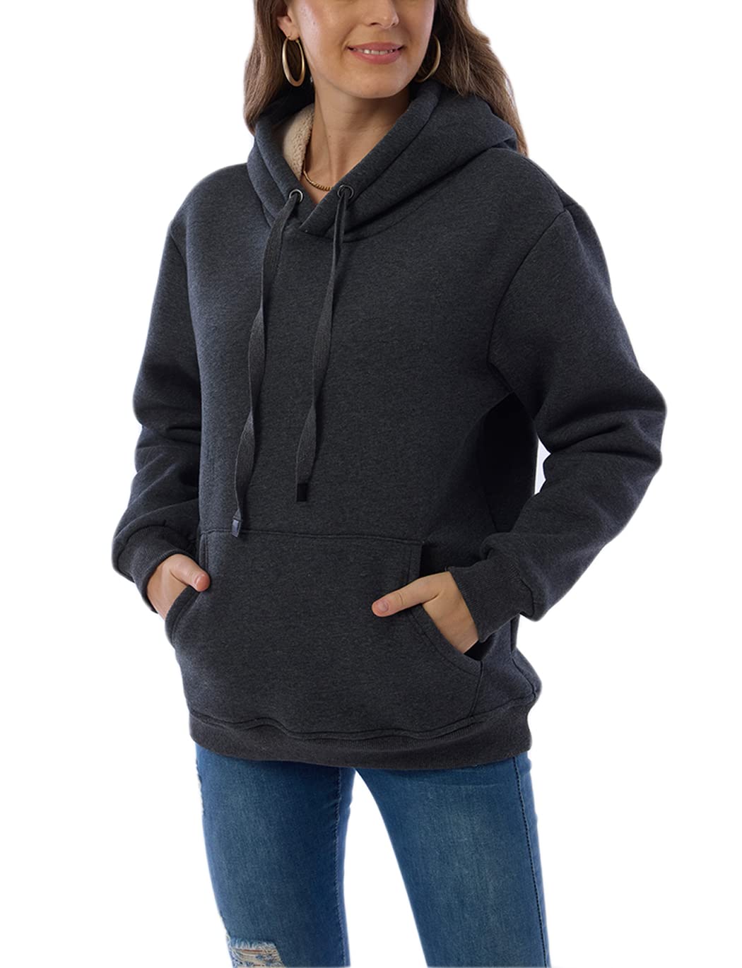 Haellun Womens Casual Winter Warm Fleece Sherpa Lined Pullover Hooded Sweatshirt (Dark grey, Large)