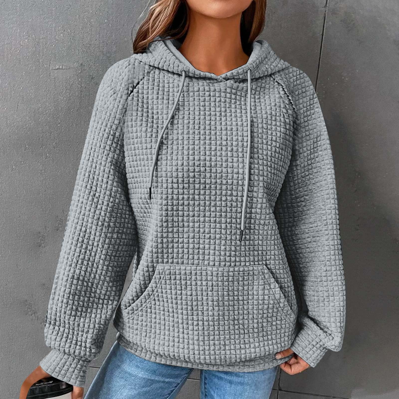 Ceboyel Women Waffle Knit Cute Hoodies Drawstring Pullover Sweatshirts Fashion Casual Sweaters Comfy Fall Clothes Outfits oversized Sweatshirt for Women Hoodie Gray L