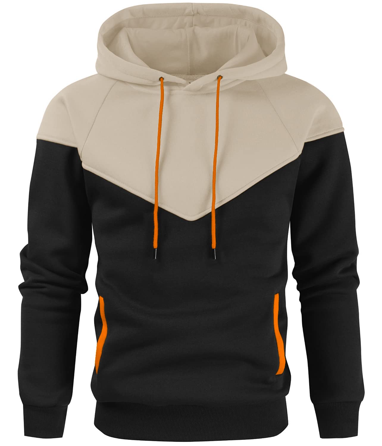 Niceif Men's Midweight Fleece Pullover Hoodies Casual Color Block Hooded Sweatshirt with Pockets, Beige Black M