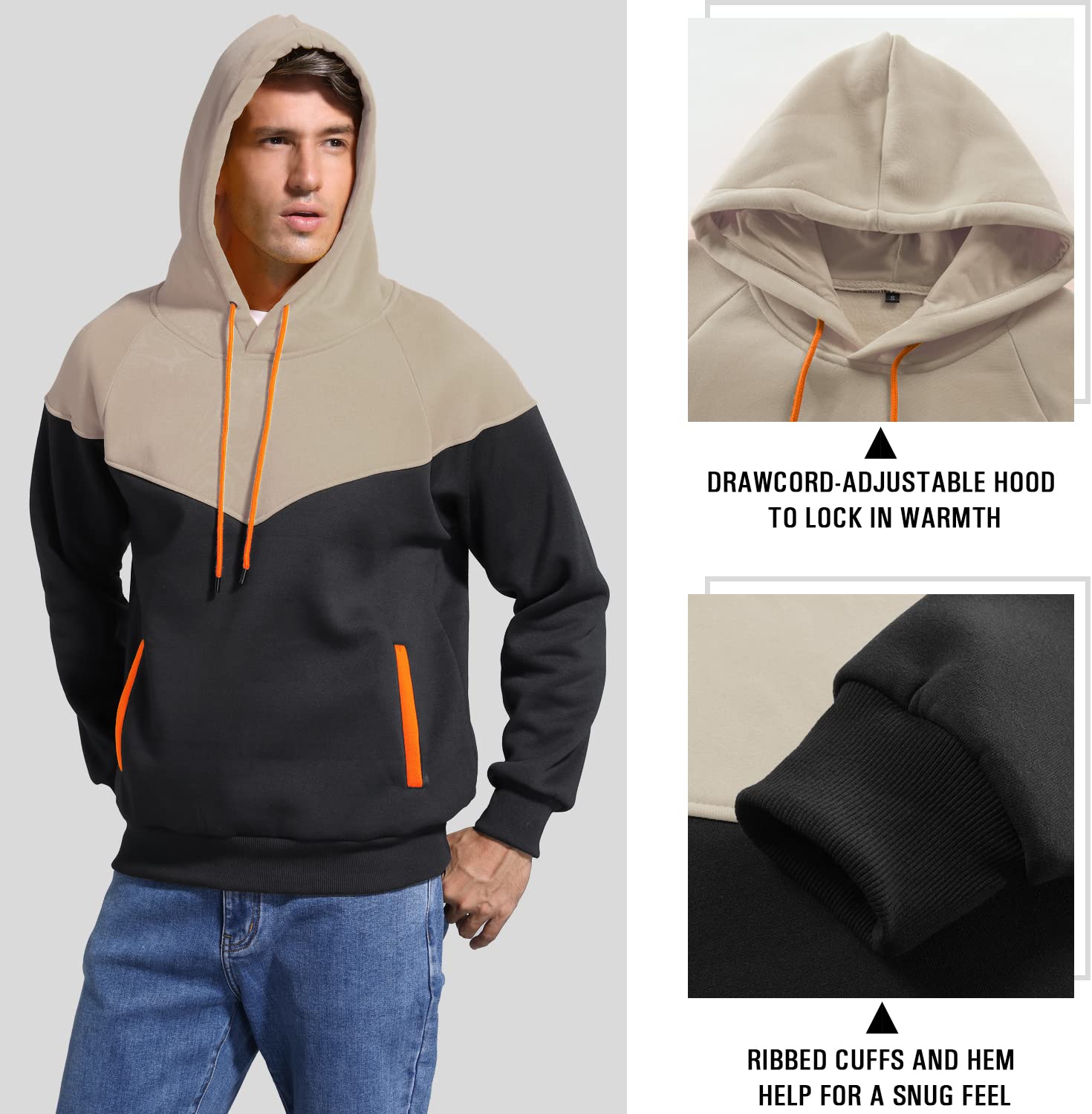 Niceif Men's Midweight Fleece Pullover Hoodies Casual Color Block Hooded Sweatshirt with Pockets, Beige Black M