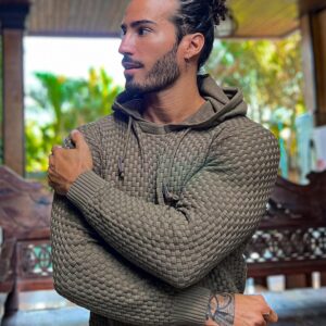 Zaitun Mens Hooded Sweatshirt Long Sleeve Solid Knitted Hoodie Pullover Sweater Army Green