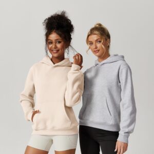 QINSEN Pullover Hoodie with Kanga Pocket for Women Long SLeeve Fleece Cozy Sweatershirts Beige S