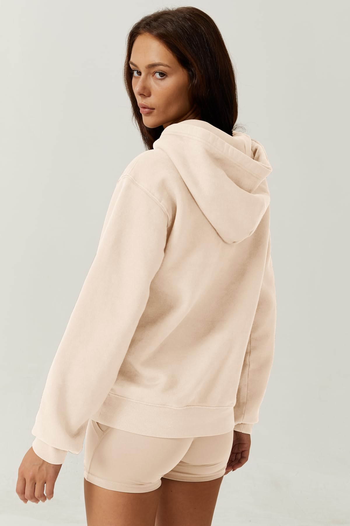 QINSEN Pullover Hoodie with Kanga Pocket for Women Long SLeeve Fleece Cozy Sweatershirts Beige S