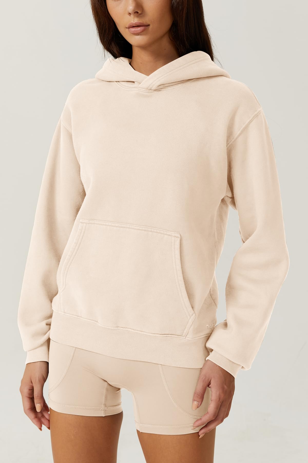 QINSEN Pullover Hoodie with Kanga Pocket for Women Long SLeeve Fleece Cozy Sweatershirts Beige S