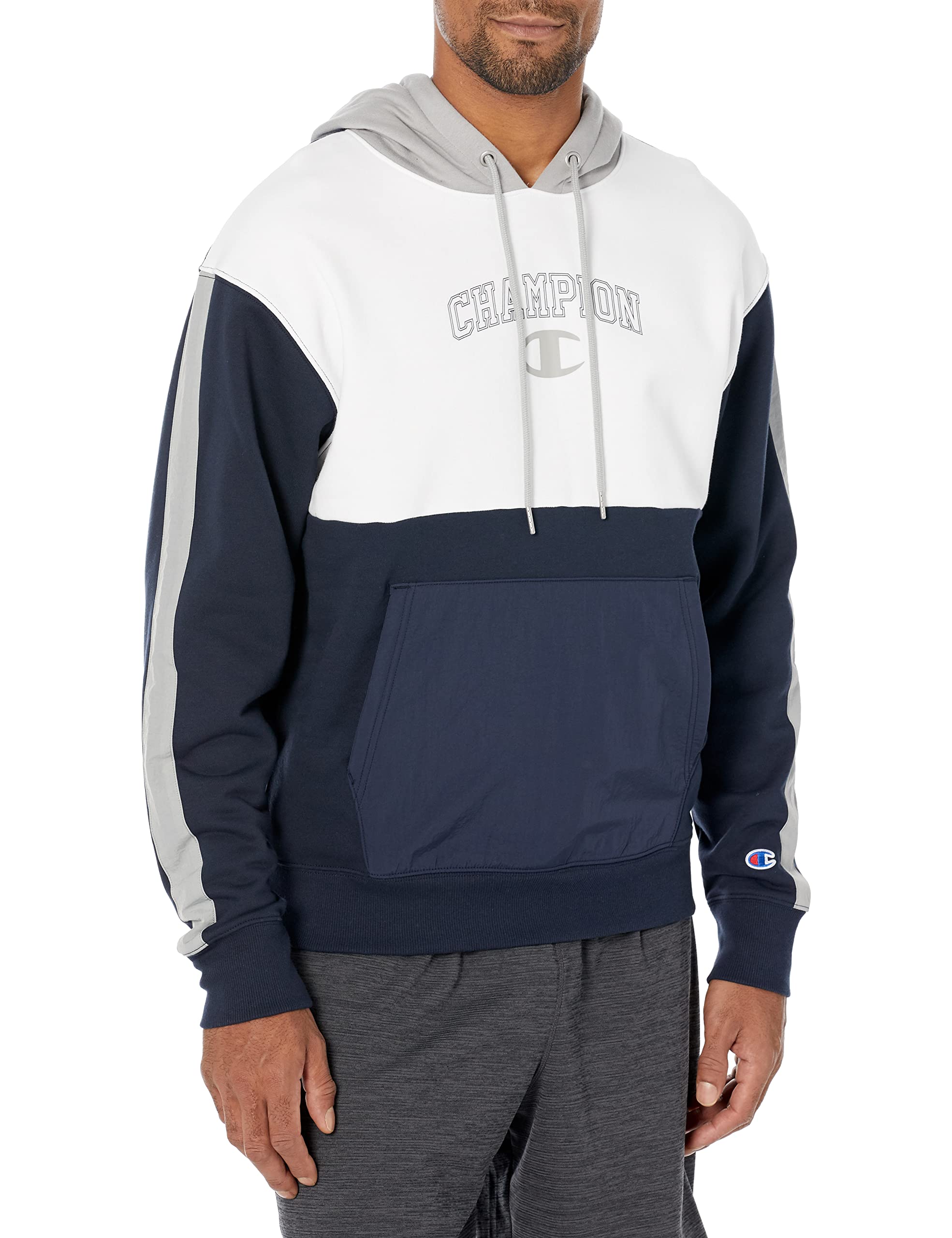 Champion Sweatshirt, Fleece Hoodie for Men, Iconic 'C' Logo Script, Navy/Dull Grey/White, Small