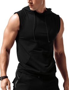 amussiar men's workout sleeveless shirts muscle hooded tank gym fitness quick dry sleeveless hoodies black
