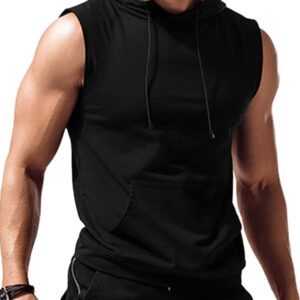 Amussiar Men's Workout Sleeveless Shirts Muscle Hooded Tank Gym Fitness Quick Dry Sleeveless Hoodies Black