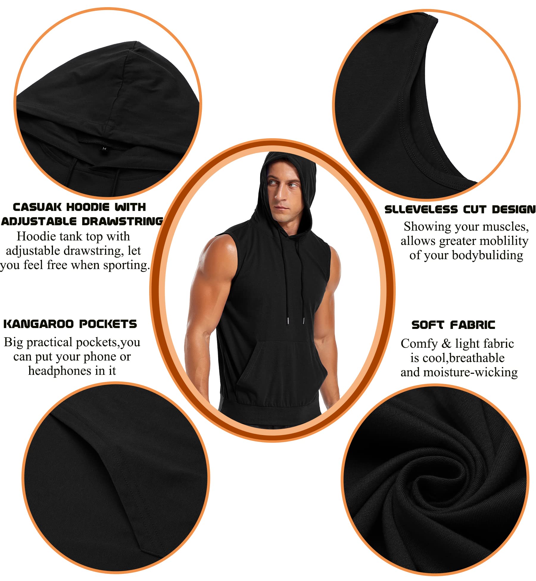 Amussiar Men's Workout Sleeveless Shirts Muscle Hooded Tank Gym Fitness Quick Dry Sleeveless Hoodies Black