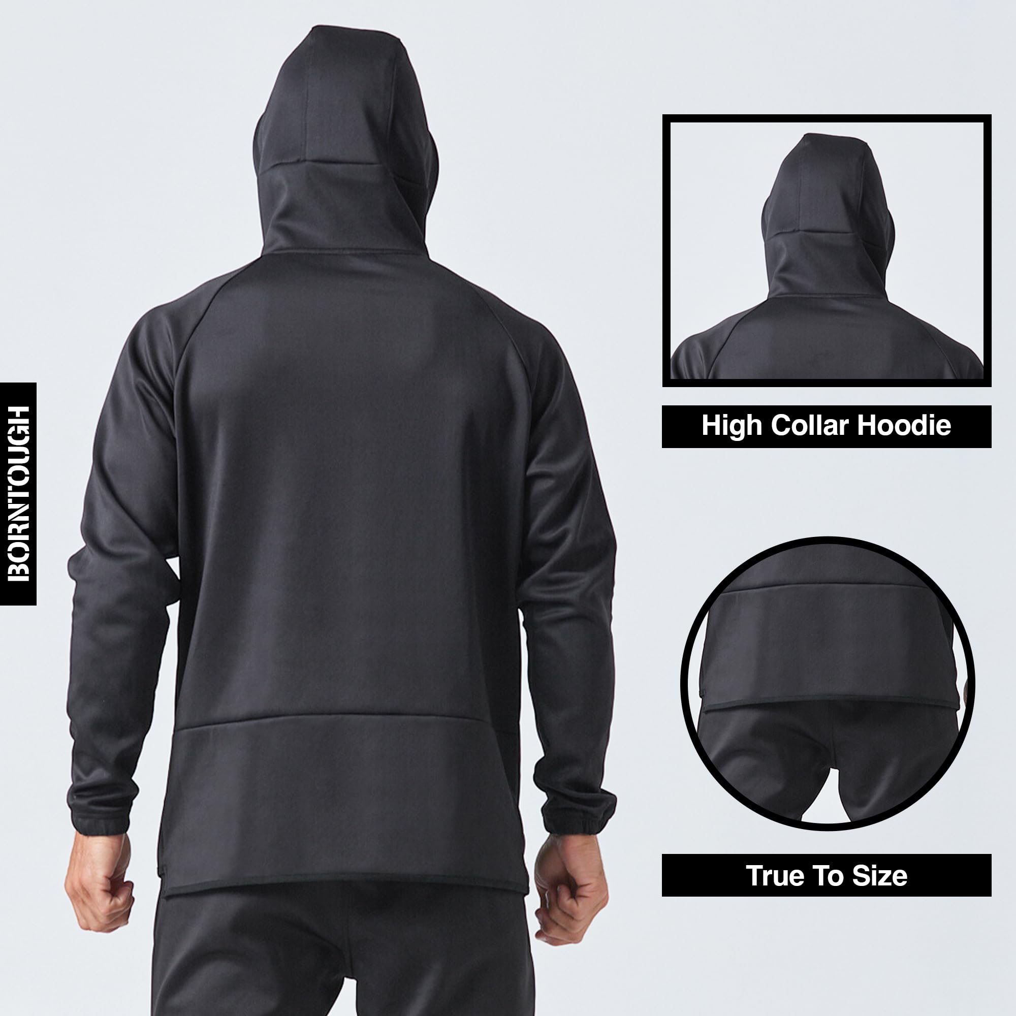 Born Tough Gym Workout Hoodie for Men, Athletic Track Jacket, Mens Gym Hoodie, Black Full Zip-Up Hoodie Running, Bodybuilding