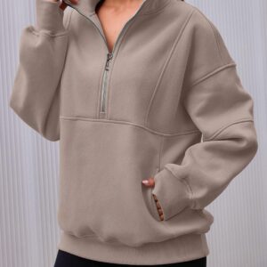 AUTOMET Womens Quarter Zip Oversized Sweatshirts Cute Long Sleeve Jackets Casual Hoodie for Teen Girls with Pockerts Beige