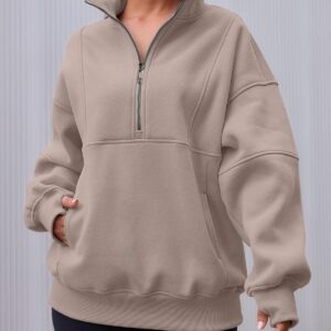 AUTOMET Womens Quarter Zip Oversized Sweatshirts Cute Long Sleeve Jackets Casual Hoodie for Teen Girls with Pockerts Beige