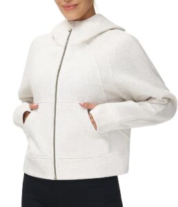 the gym people women's full-zip up hoodies jacket fleece workout crop tops sweatshirts with pockets thumb hole off-white