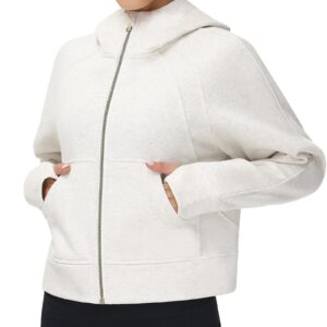 THE GYM PEOPLE Women's Full-Zip Up Hoodies Jacket Fleece Workout Crop Tops Sweatshirts with Pockets Thumb Hole Off-white