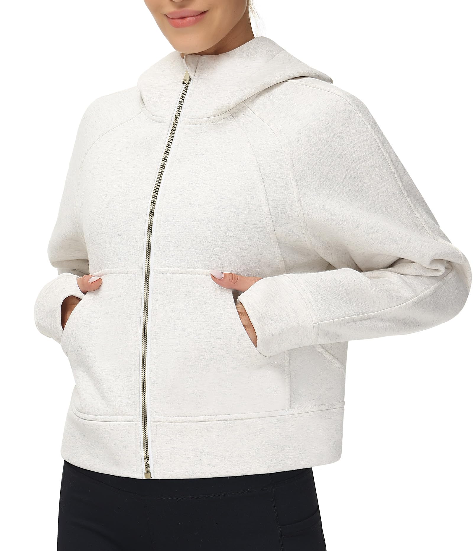 THE GYM PEOPLE Women's Full-Zip Up Hoodies Jacket Fleece Workout Crop Tops Sweatshirts with Pockets Thumb Hole Off-white