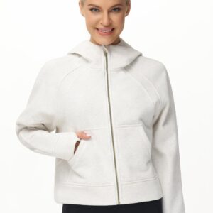 THE GYM PEOPLE Women's Full-Zip Up Hoodies Jacket Fleece Workout Crop Tops Sweatshirts with Pockets Thumb Hole Off-white