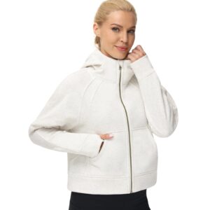 THE GYM PEOPLE Women's Full-Zip Up Hoodies Jacket Fleece Workout Crop Tops Sweatshirts with Pockets Thumb Hole Off-white