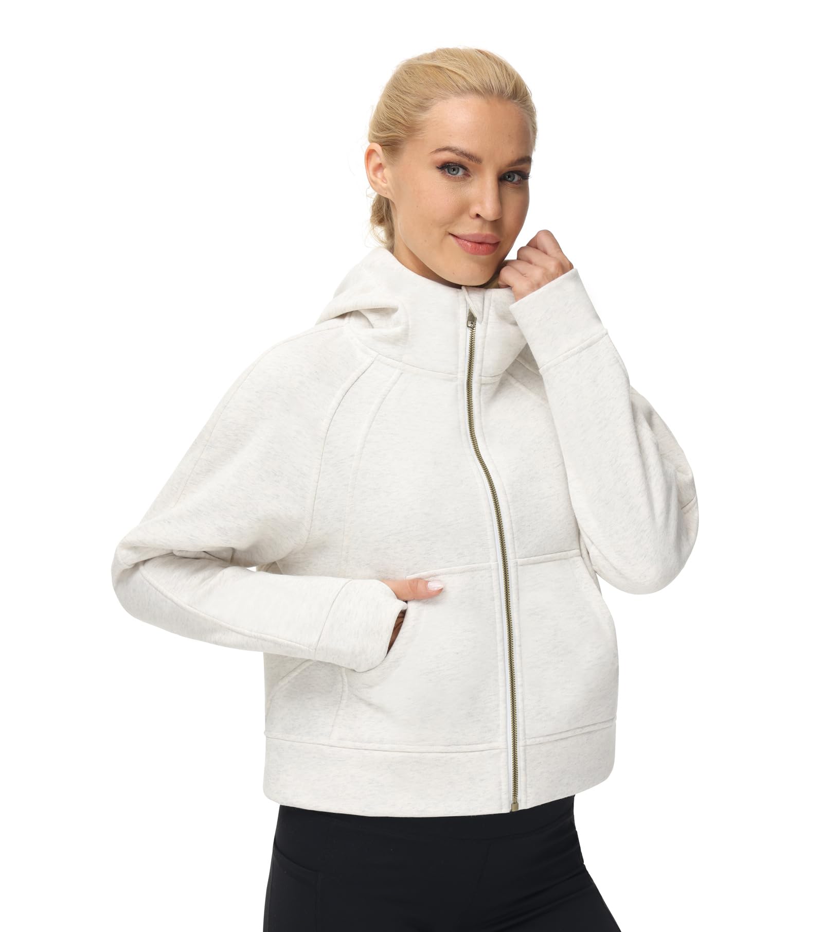 THE GYM PEOPLE Women's Full-Zip Up Hoodies Jacket Fleece Workout Crop Tops Sweatshirts with Pockets Thumb Hole Off-white