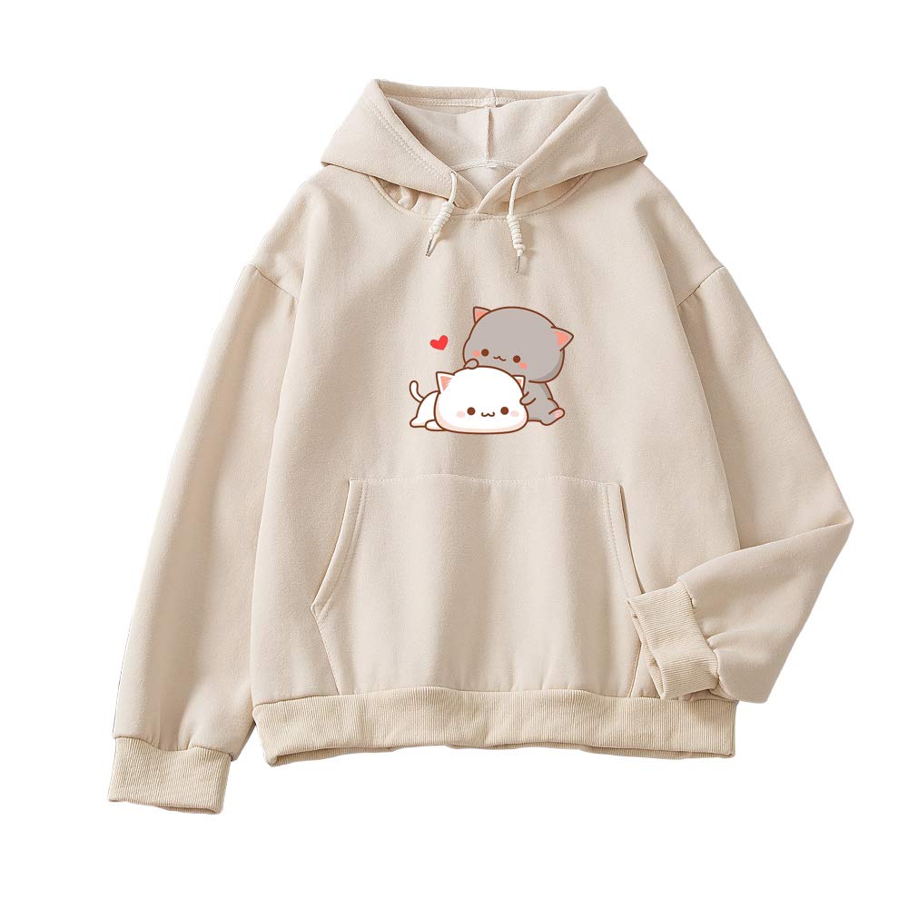 KEEVICI Women Kawaii Cartoon Cute Cat Graphic Casual Cotton Pullover Hoodies Sweatshirt Apricot