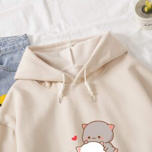 KEEVICI Women Kawaii Cartoon Cute Cat Graphic Casual Cotton Pullover Hoodies Sweatshirt Apricot