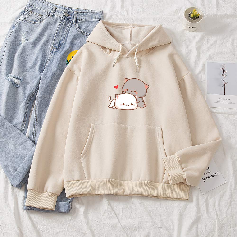 KEEVICI Women Kawaii Cartoon Cute Cat Graphic Casual Cotton Pullover Hoodies Sweatshirt Apricot