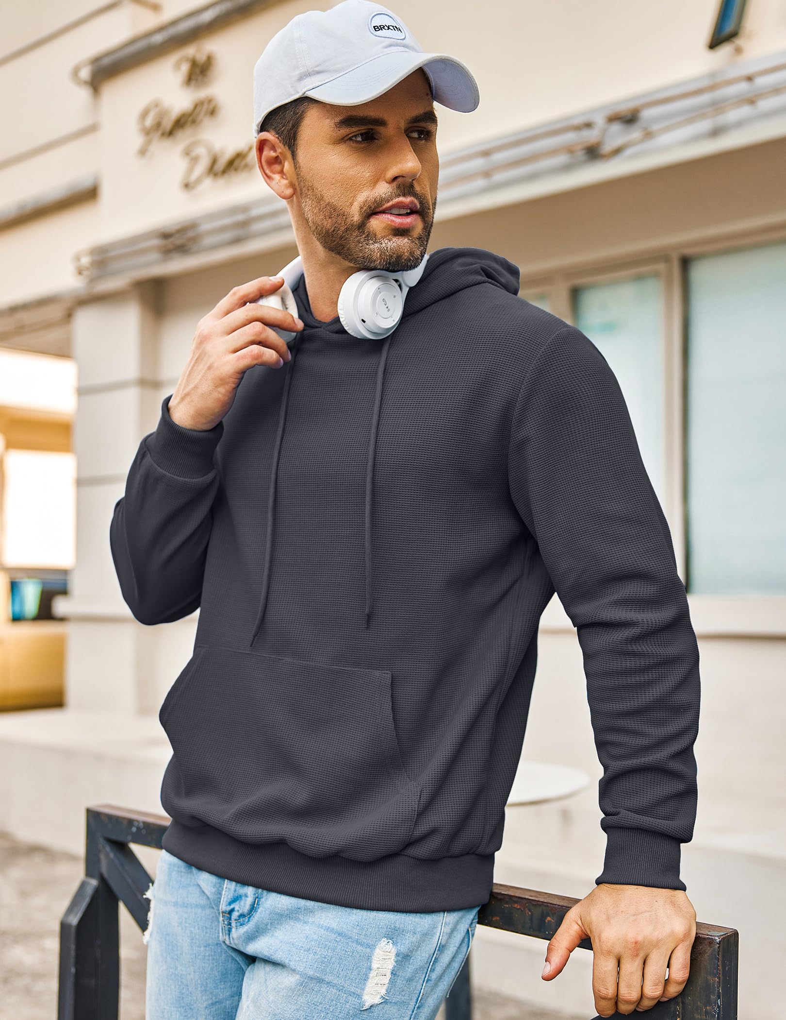 COOFANDY Men's Hooded Sweatshirts Long Sleeve Casual Pullover Hoodie Waffle Knit Sweatshirt with Pocket Dark Grey