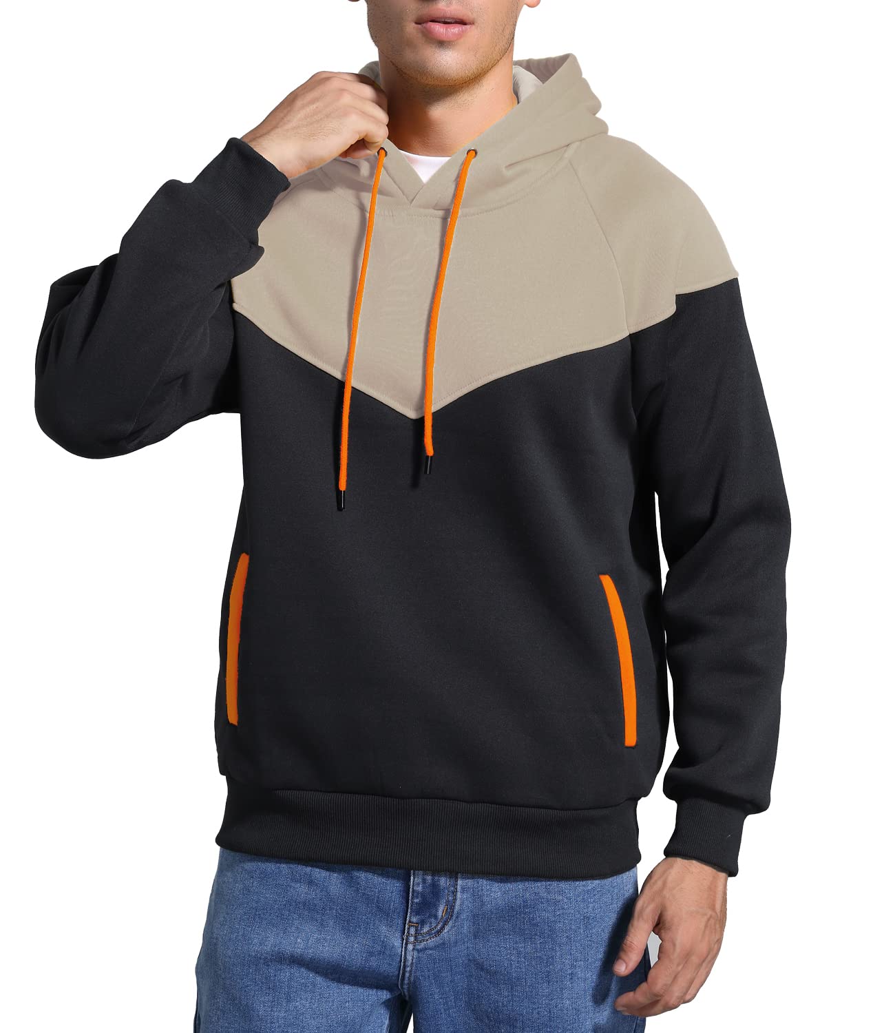 Niceif Mens Hoodies Pullover Long Sleeve Casual Hoodie for Men Hooded Fleece Sweatershirt, Beige Black S