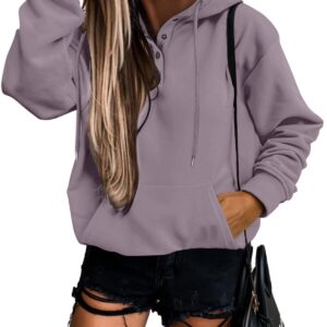 SHEWIN Womens Hoodie Pullover Long Sleeve Solid Button Fleece Fashion Hoodies Sweatshirts Cozy Lightweight Fall Oversized Sweatshirt for Teen Girls,US 16-18(XL),Purple