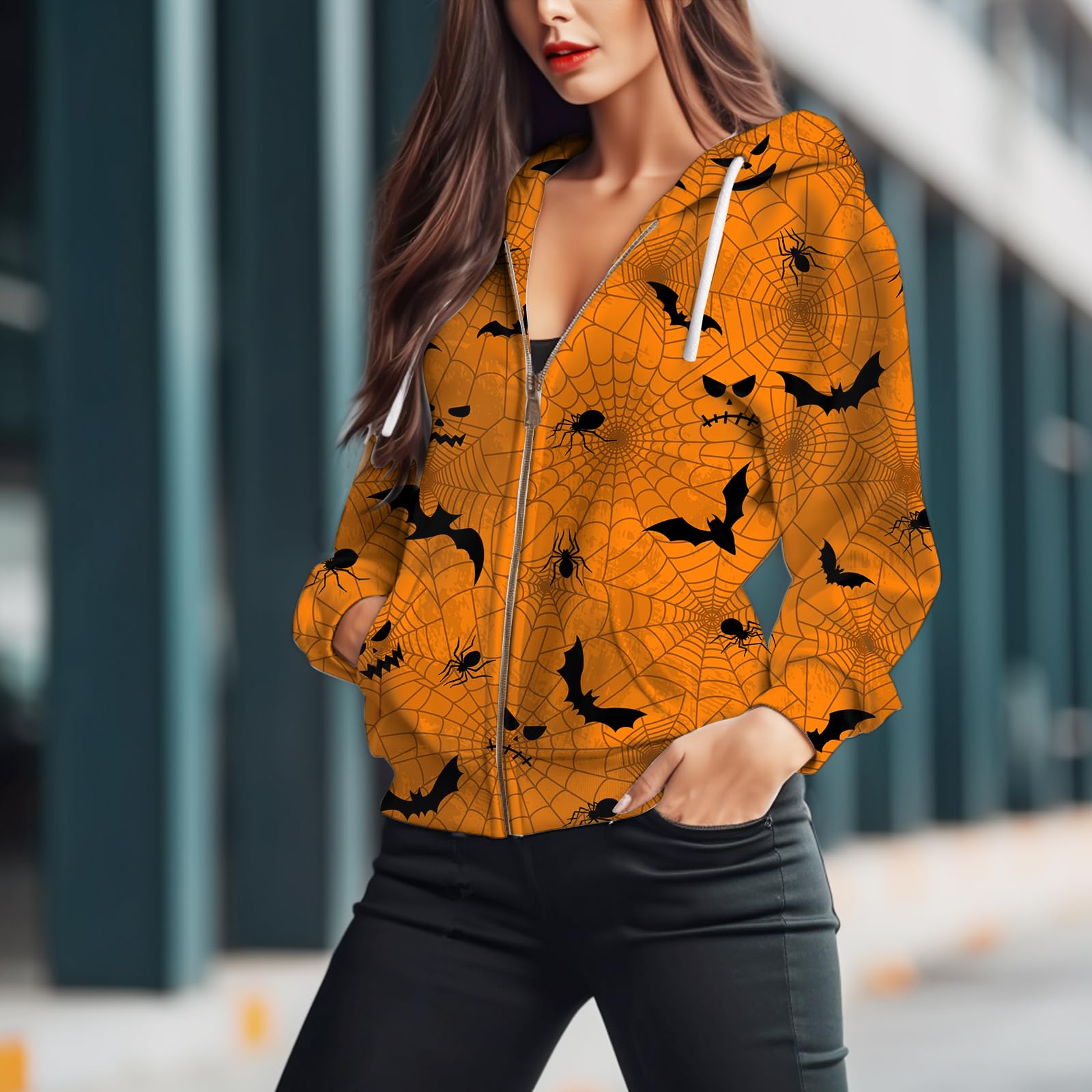 ADDARTS Cute Sweatshirts for Women Spider Bats 3D Printed Zip Up Hoodie Fall Jacket Funny Casual Drawstring Outfit L